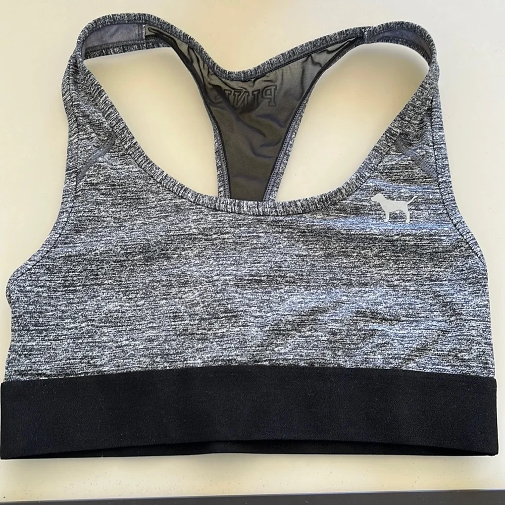 PINK by VS size S sports bra, racer back, gray and black, barely used, E… - Picture 1 of 5